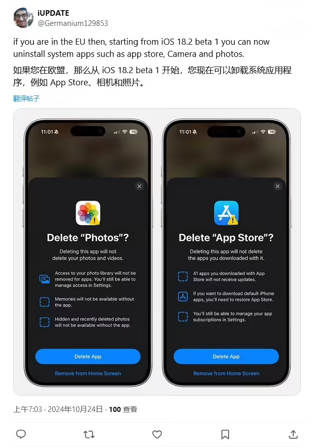 肥乡苹果手机维修分享iOS 18.2 支持删除 App Store 应用商店 